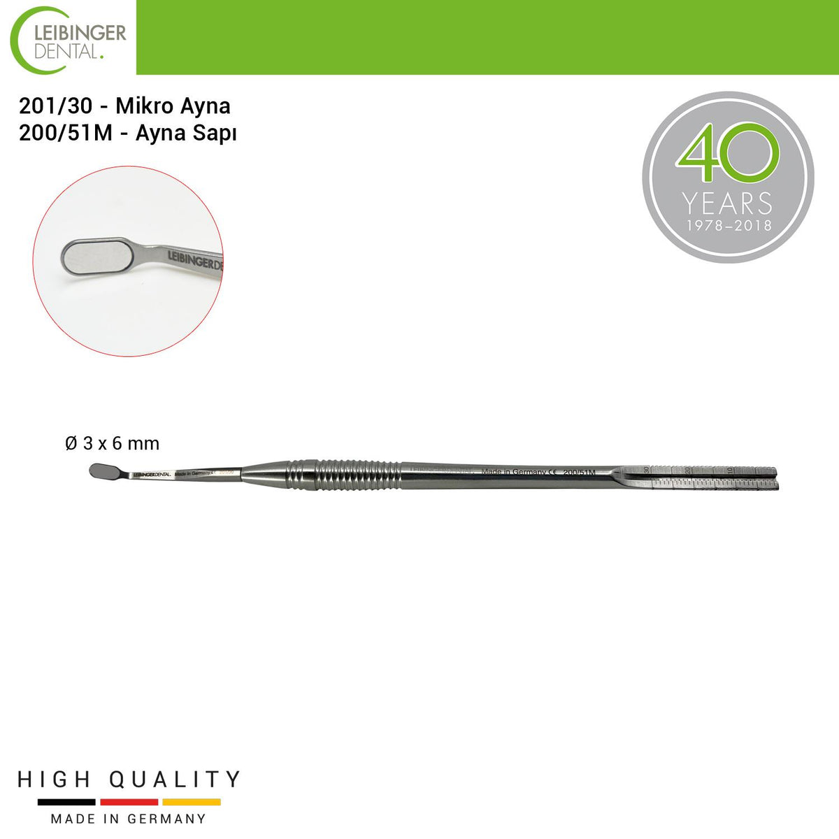 DentrealStore - Leibinger Rhodium Micro Mirror FS Ø 3x6 mm and Mesuring Scale Miror Handle